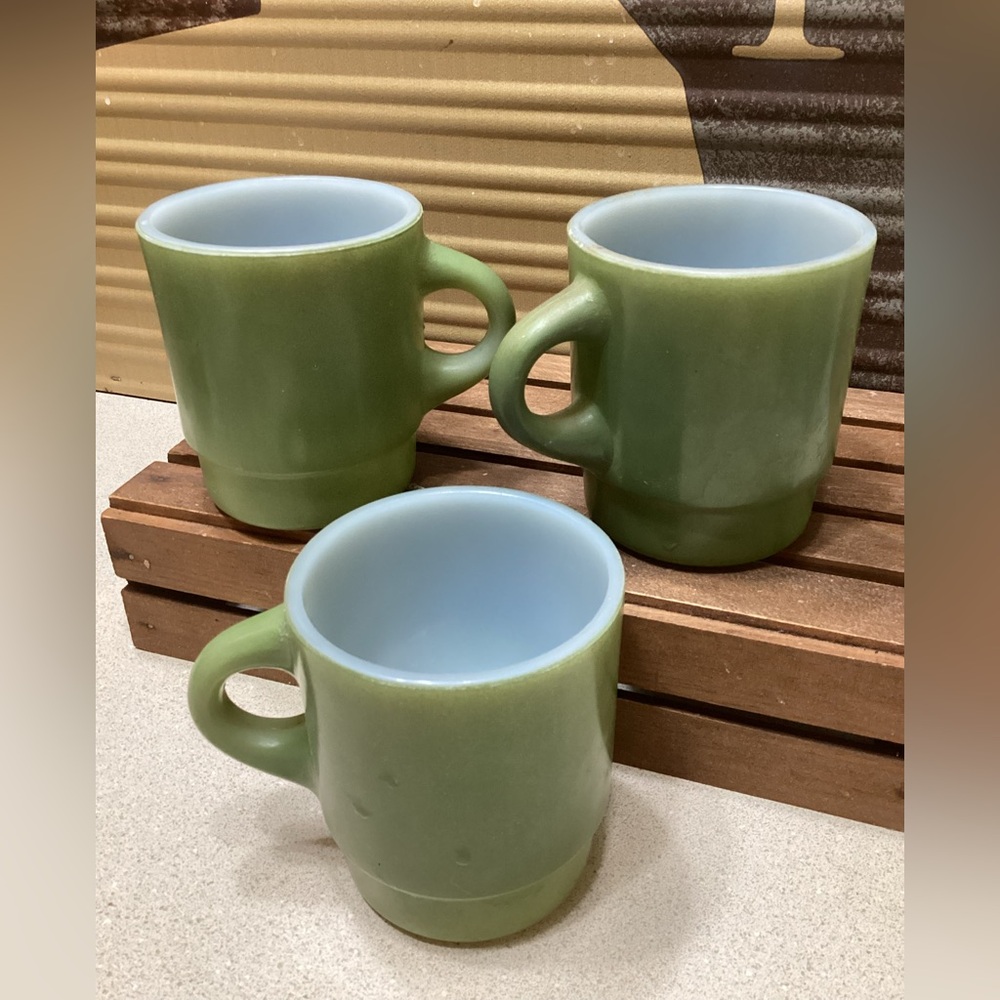 Fire King Anchor Hocking Milk Glass Avacado Stacking Green Mugs Made USA